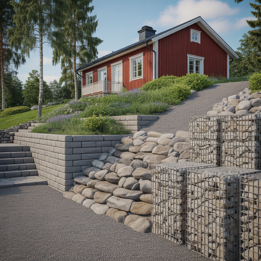 stodmur i slant jamforelse lecablock natursten gabioner