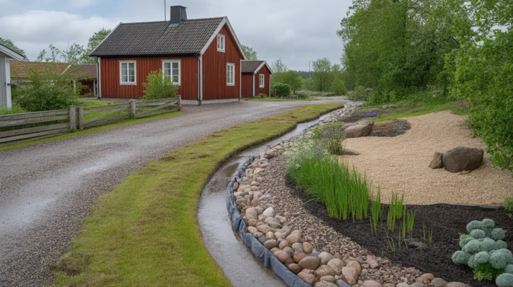 maj r r tt tid f r regnb dd och svackdike markarbete som tar hand om skyfallen och lyfter tomten
